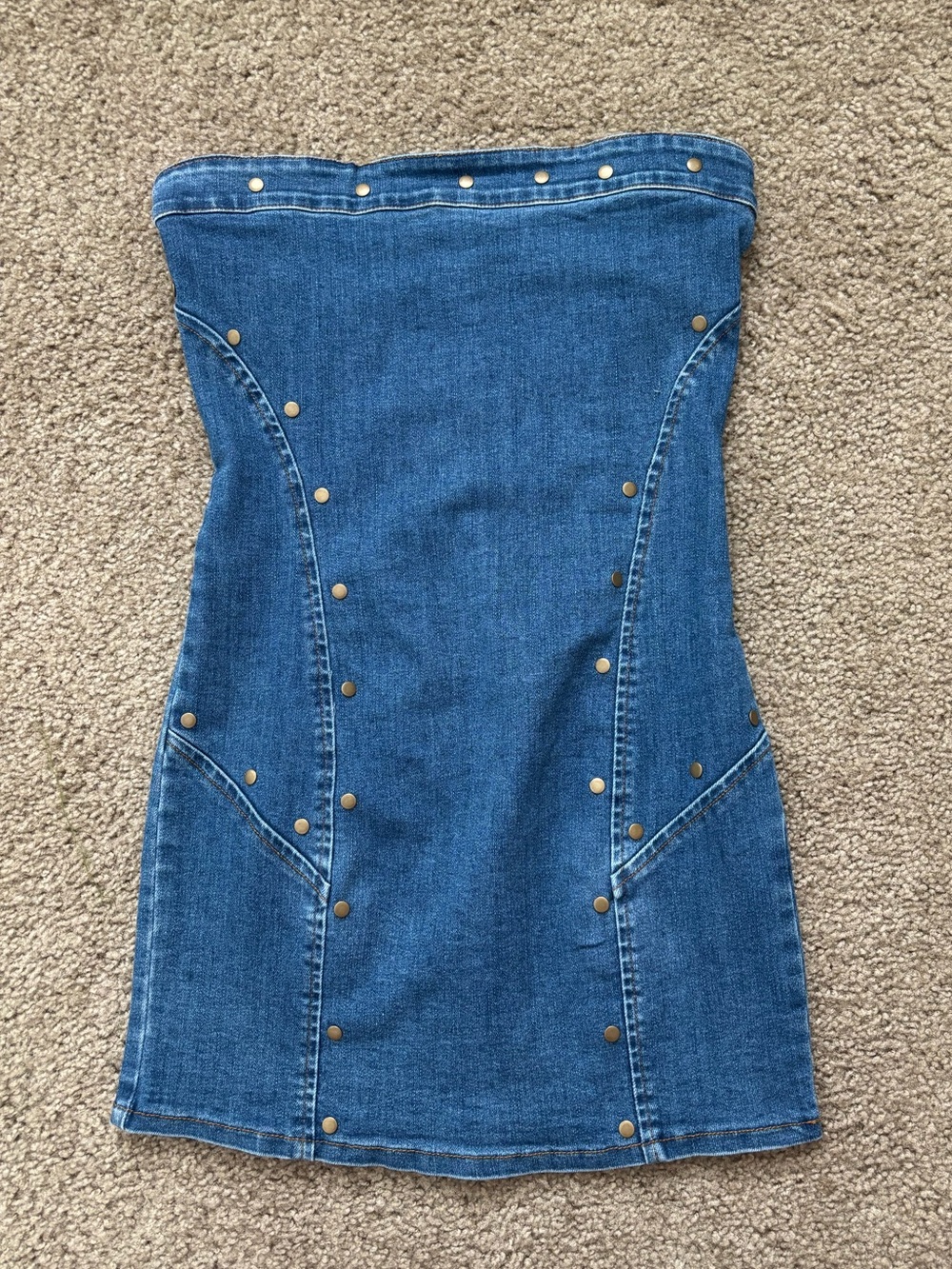 Windsor Strapless Denim Mini Dress in Blue with Gold Studs